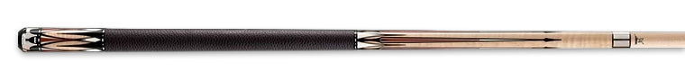 Black and light brown pool cue with dark brown and white accents