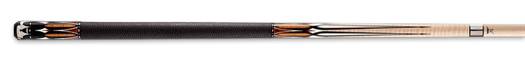 Close-up of a pool cue with a black and light brown design with white and dark brown accents