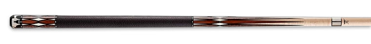 Black and light brown pool cue with dark brown and white diamond accents 