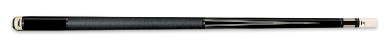 Glossy black pool cue with minimalistic white detailing and textured black wrap