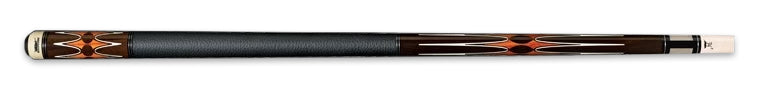 Brown and orange pool cue with intricate detailing and textured black wrap 
