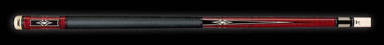 Black and red pool cue with a white tip and textured black wrap