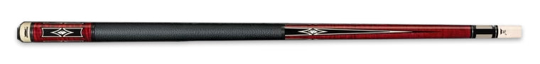 Black and red pool cue with a white tip and textured black wrap