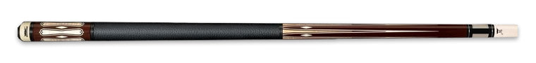 Dark and light brown wood pool cue with textured black wrap