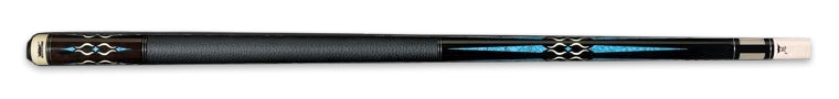 Black pool cue with intricate blue detailing and textured black wrap