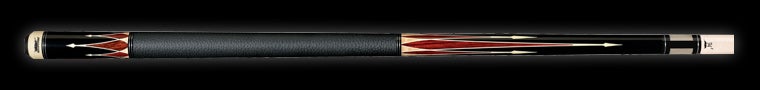 Black pool cue with red and beige detailing and textured black wrap