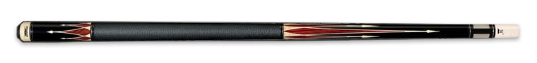 Black pool cue with red and beige detailing and textured black wrap