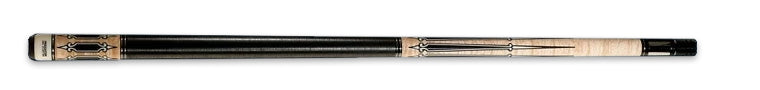 Black and pale wood pool cue with decorative detailing on a black background.