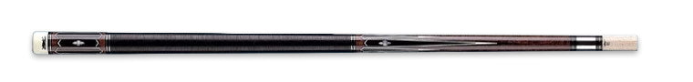 Glossy black pool cue with dark brown accents on a black background.