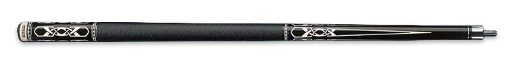 Black pool cue with intricate white detailing and textured black wrap on a black background.