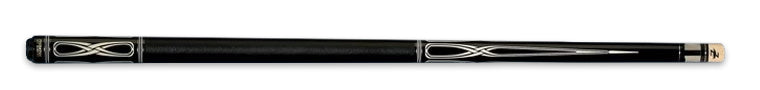 Black pool cue with intricate ivory detailing on a black background.