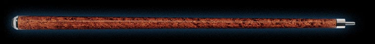 Patterned dark wood pool cue butt on a black background.