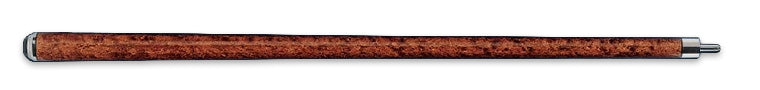 Patterned dark wood pool cue butt on a black background.
