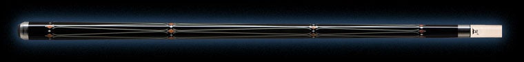 Glossy black pool cue with diamond accents on a black background.