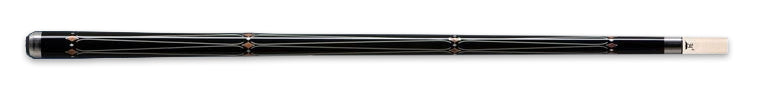 Glossy black pool cue with diamond accents on a black background.