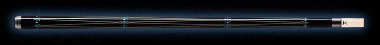 Glossy black pool cue with turquoise diamond accents on a black background.