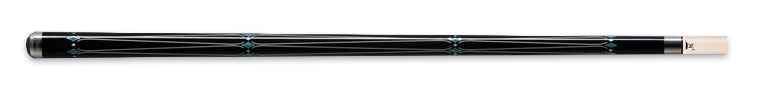 Glossy black pool cue with turquoise diamond accents on a black background.