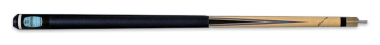 Pool cue with black and wood design on a black background.