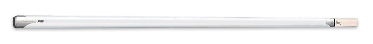 Glossy white pool cue on a black background.