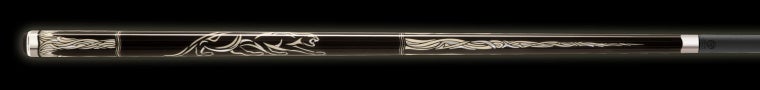 Dark brown pool cue with intricate ivory design and panther logo on a black background.