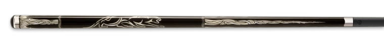 Dark brown pool cue with intricate ivory design and panther logo on a black background.