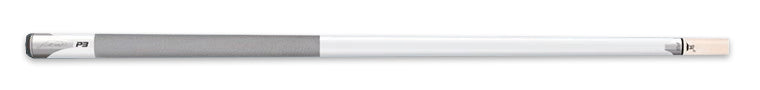 Pool cue with white shaft and grey butt on a black background.