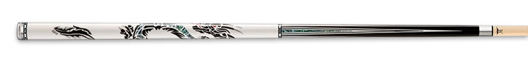 Black and white pool cue with green accent and green/black dragon design on a black background.