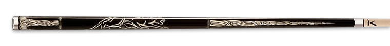 Glossy black pool cue with intricate ivory detailing on a black background.