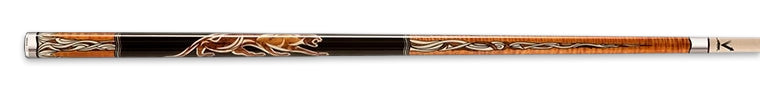 Black and wood glossy pool cue with intricate ivory detailing on a black background.