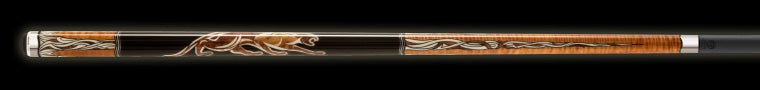 Black and wood pool cue with brown panther logo and intricate design on a black background.