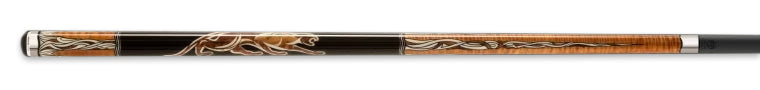 Black and wood pool cue with brown panther logo and intricate design on a black background.