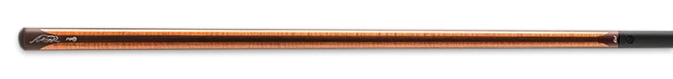 Glossy wood pool cue with brown stripe on a black background.