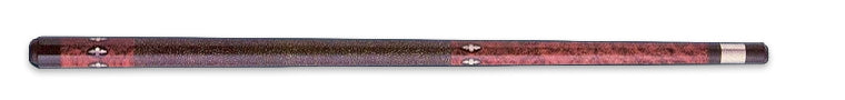 Brown wood pool cue with white detailing and textured brown wrap on a black background.