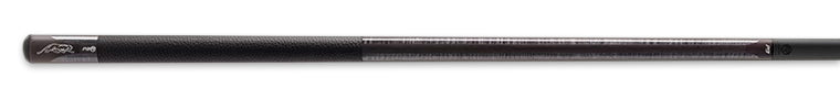 Glossy black pool cue with textured black wrap on a black background.