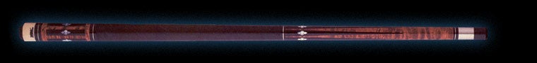 Dark two-toned wood pool cue with white diamond accents on a black background.