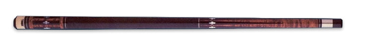 Dark two-toned wood pool cue with white diamond accents on a black background.