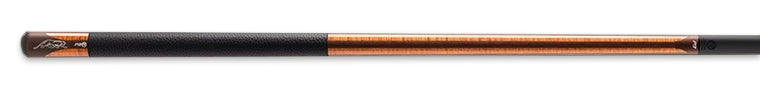 Brown wooden pool cue with black wrap on a black background.