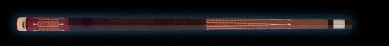 Two-toned wood pool cue with textured brown wrap on a black background.