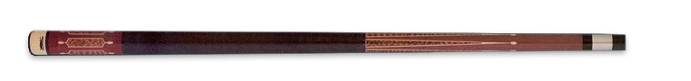 Two-toned wood pool cue with textured brown wrap on a black background.