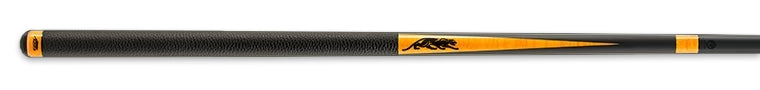 Black pool cue with bright orange accents and black panther logo on a black background.