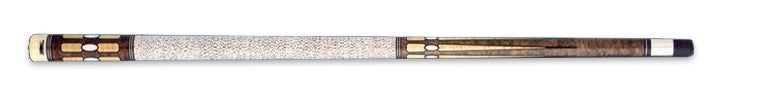 Two-toned wood pool cue with textured off-white wrap on a black background.