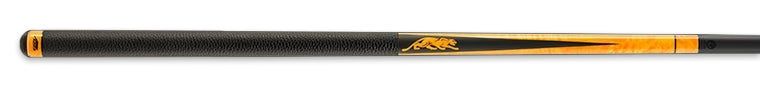 Black pool cue with bright orange accent and orange panther logo on a black background.