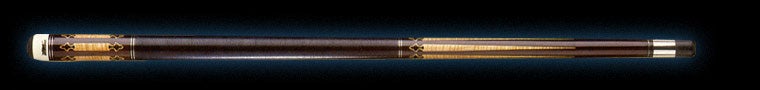 Dark and light wood pool cue with intricate detailing on a black background.