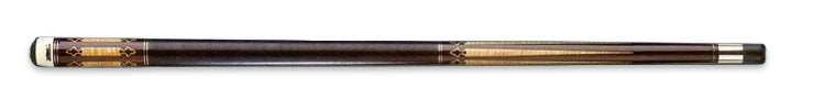 Dark and light wood pool cue with intricate detailing on a black background.