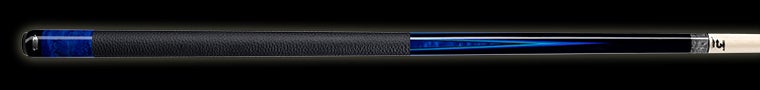 Glossy cobalt blue and black pool cue with textured black wrap on a black background.