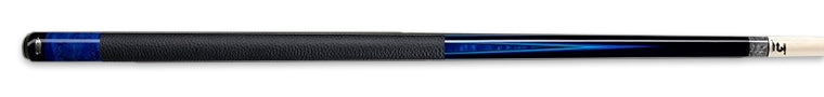 Glossy cobalt blue and black pool cue with textured black wrap on a black background.