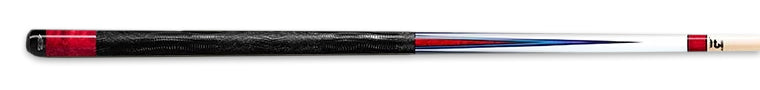 White pool cue with red and blue accents and textured black wrap on a black background.