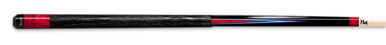 Glossy black and red pool cue with blue accent and textured black wrap on a black background.