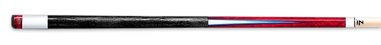 Glossy red pool cue with white and blue accent with black textured wrap on a black background.