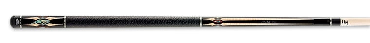Black pool cue with green and pale wood accents